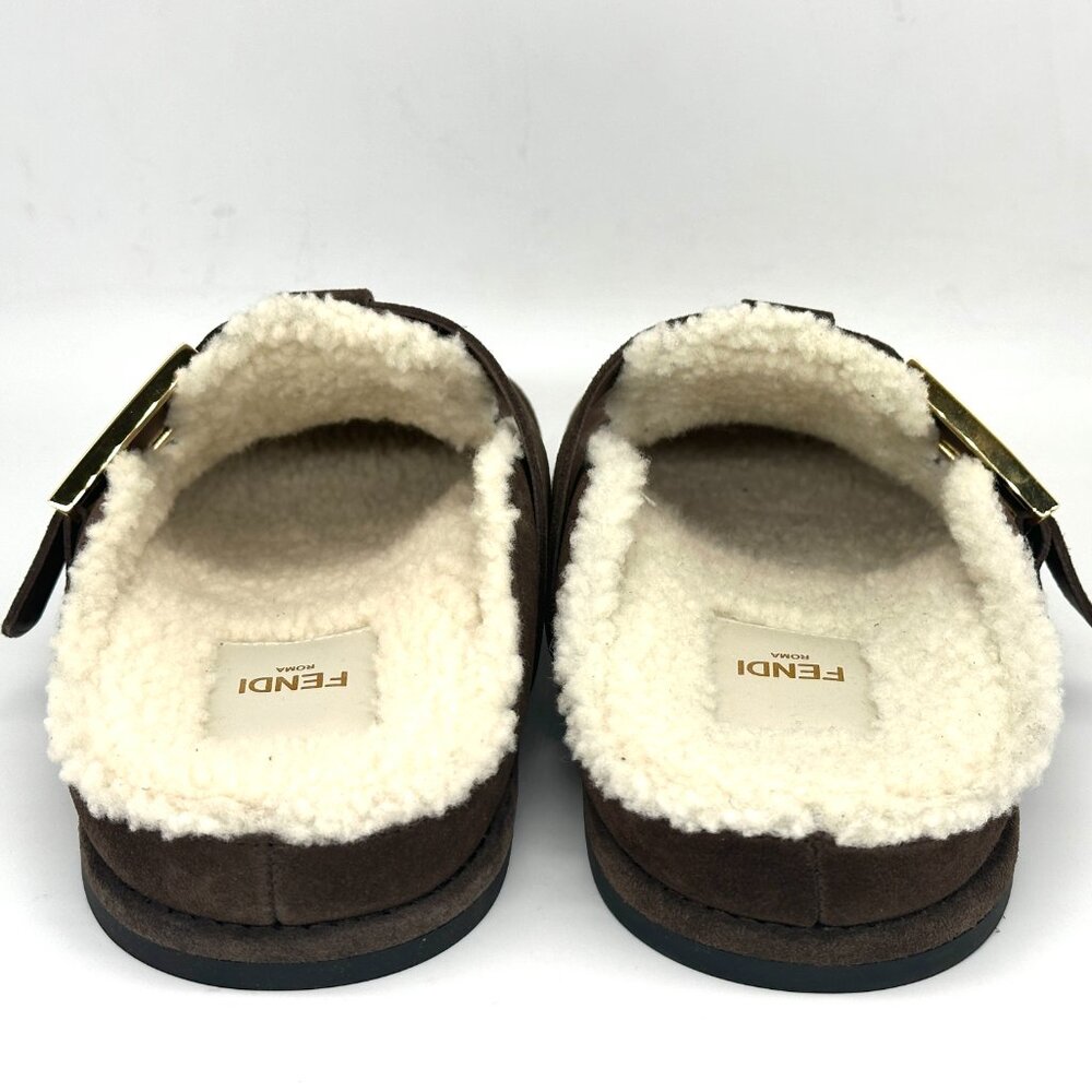 FENDI Feel FF Shearling  Buckled Sabots Mules Slides Flat Clog Sandals - Picture 12 of 16